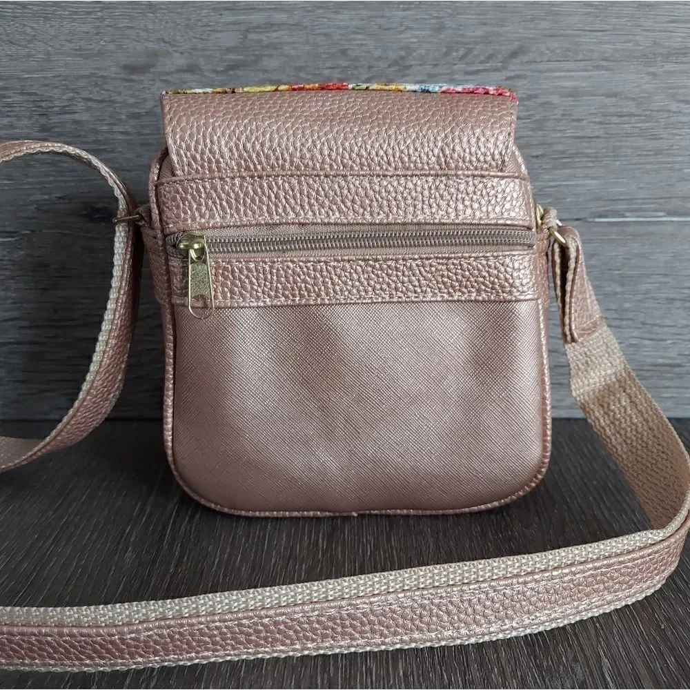Frida Kahlo Handmade in Mexico Rose Gold Crossbody Floral Bag